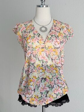 Floral V-Neck Short Sleeve Blouse- Pink & Yellow